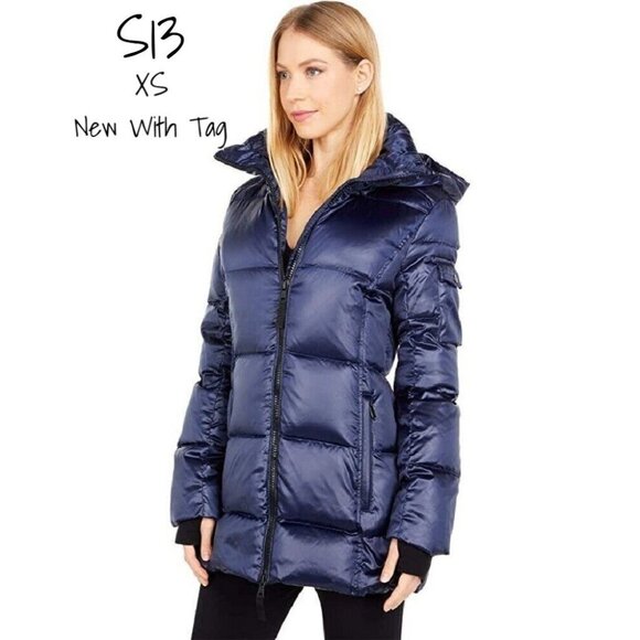 S13 Midnight Blue Women's Hooded Puffer Jacket Size XS New with Tags - Picture 1 of 3